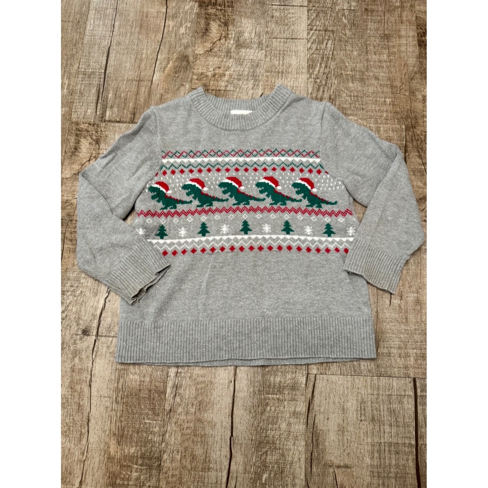Jumping Beans Kids Gray Christmas Dinosaur Santa Hat Fair Isle Sweater 3T